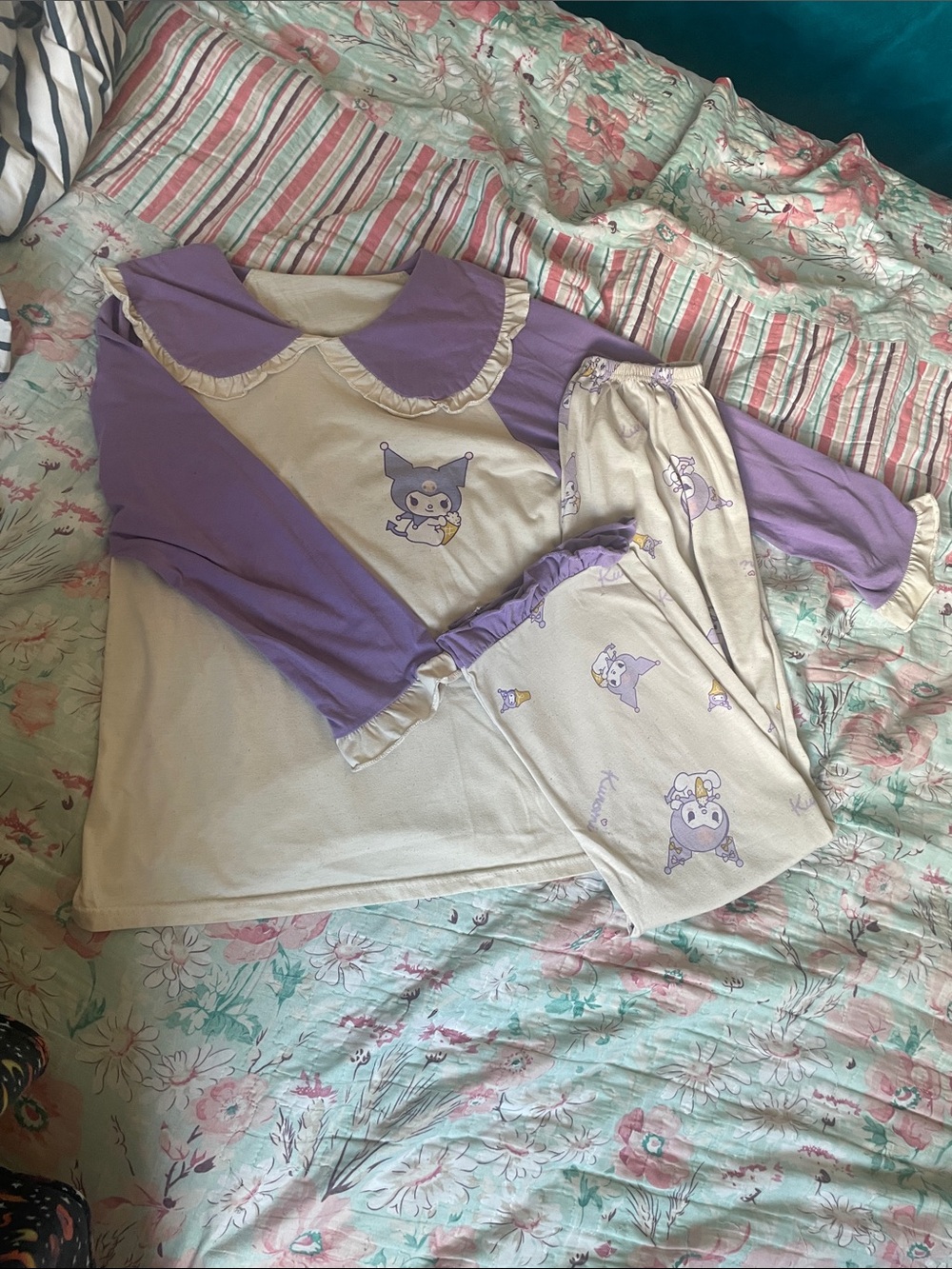Lavender and Cream Kuromi Ice Cream Collared Loungewear Set